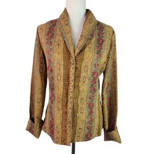 Thalian Yellow Rose Green Met Floral Hidden Buttons Vintage Top Blouse Shirt S